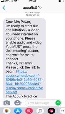 Screenshot of the text message sent to patients before the video consultation